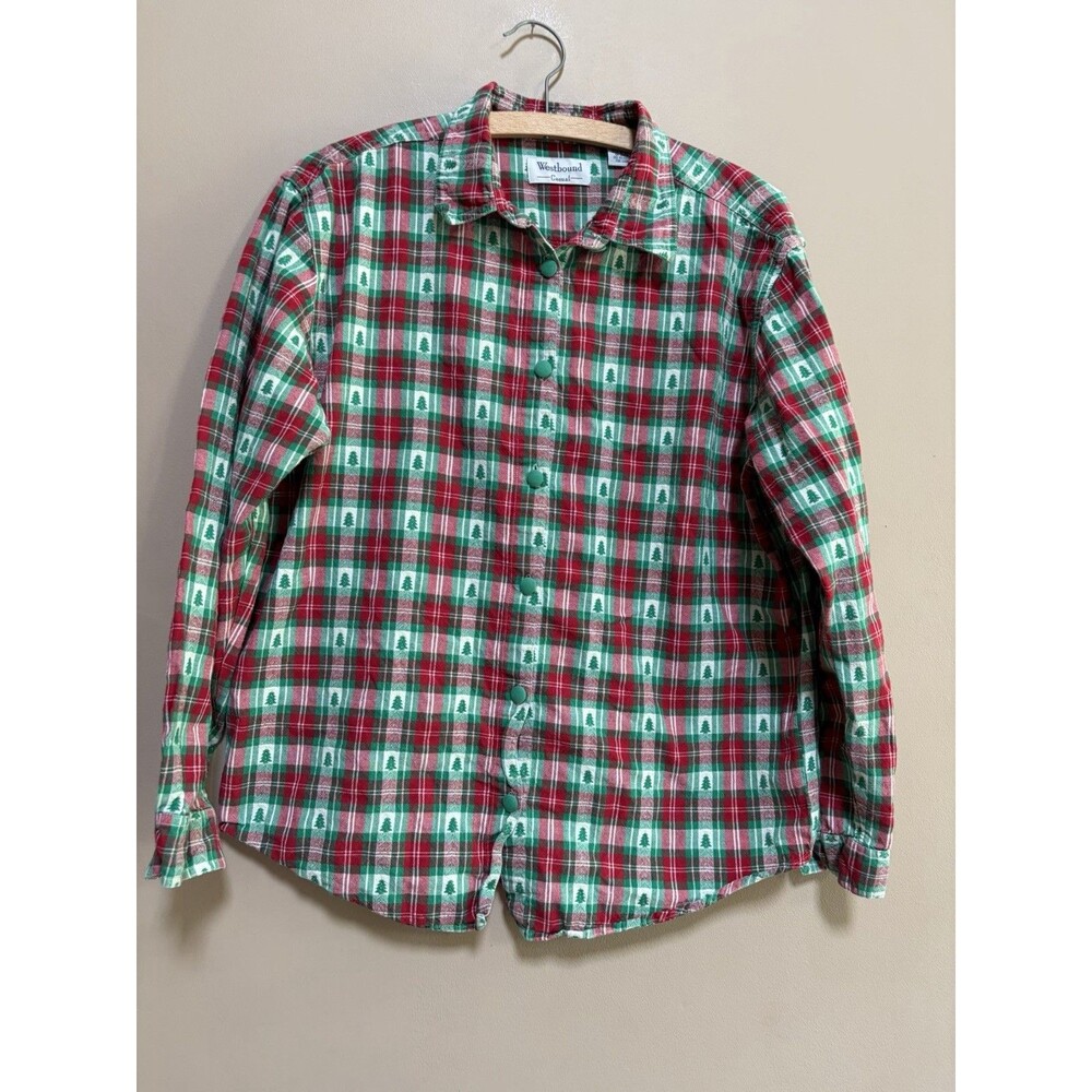 VTG Westbound 100% Cotton Size M Christmas Tree Red Green Plaid Embroidered Top